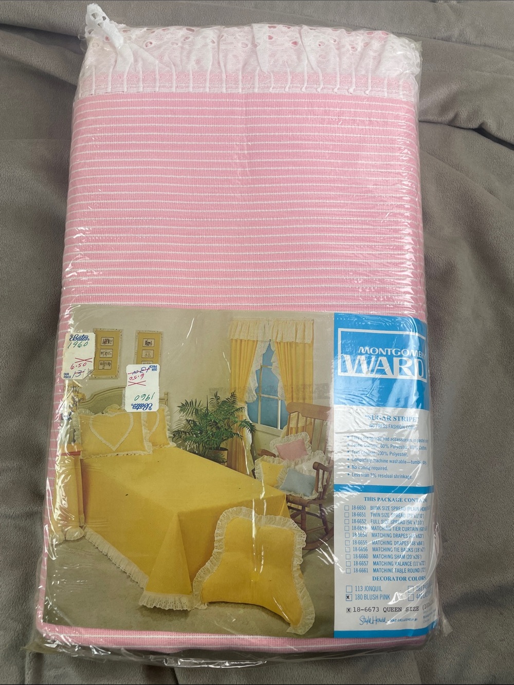 Montgomery Ward Sugar Stripe Queen Size Blush Pink Lace Trim